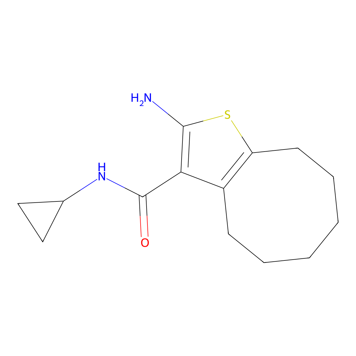 2-amino-N-cyclopropyl-4,5,6,7,8,9-hexahydrocycloocta[b]thiophene-3-carboxamide molecular structure, CAS 590357-09-8