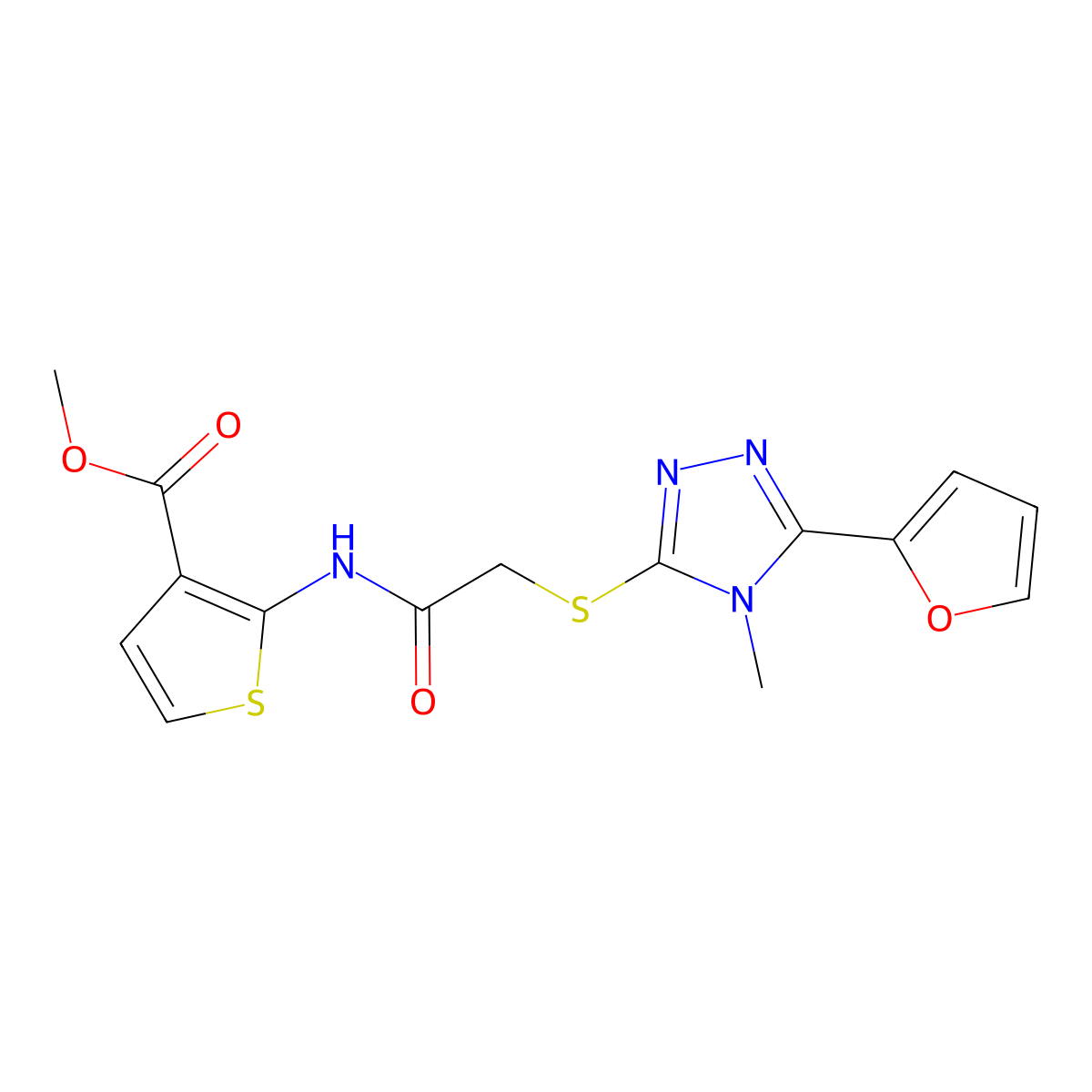 methyl 2-[({[5-(furan-2-yl)-4-methyl-4H-1,2,4-triazol-3-yl]sulfanyl}acetyl)amino]thiophene-3-carboxylate molecular structure, CAS 590357-13-4