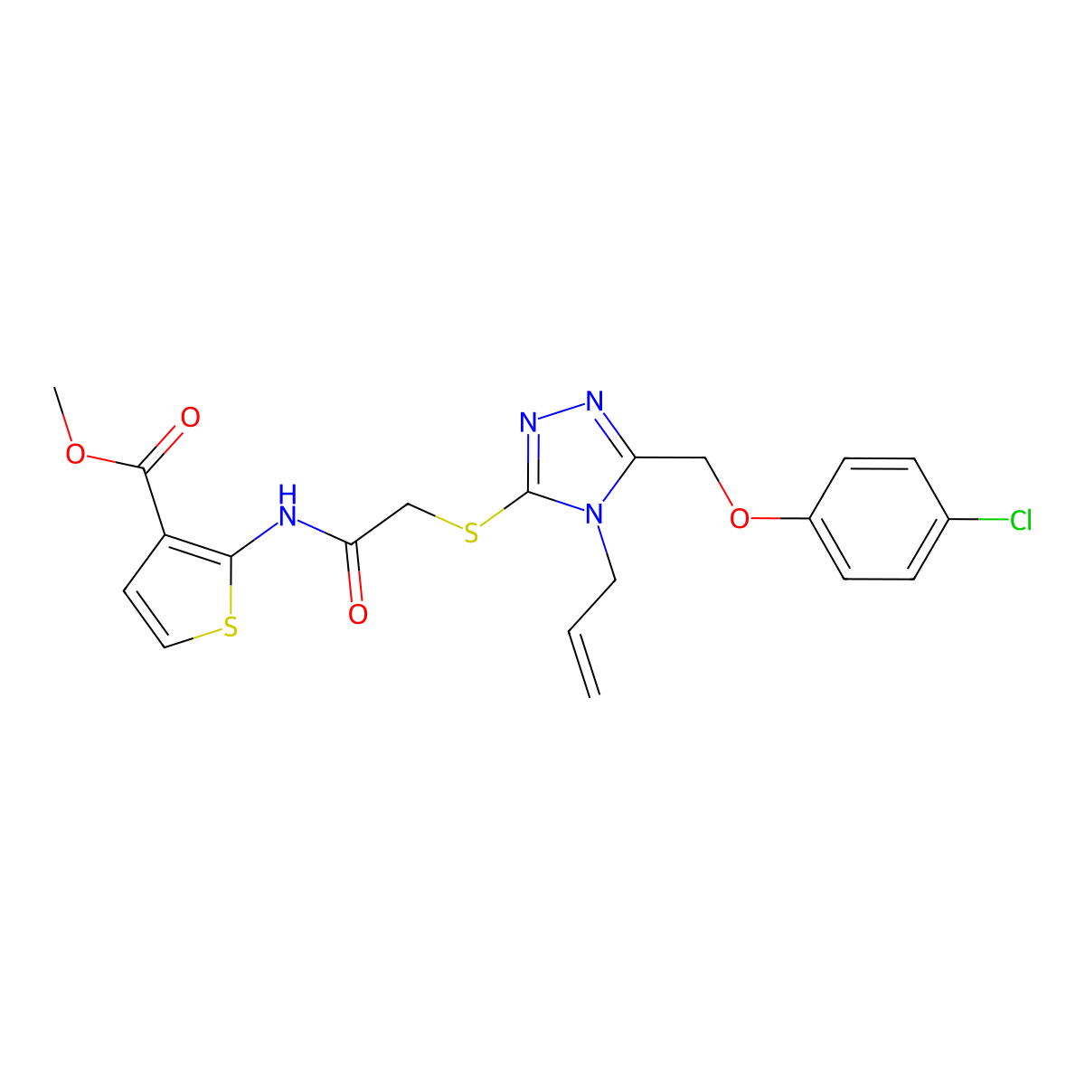 Methyl 2-(2-{5-[(4-chlorophenoxy)methyl]-4-prop-2-enyl-1,2,4-triazol-3-ylthio} acetylamino)thiophene-3-carboxylate molecular structure, CAS 590357-20-3