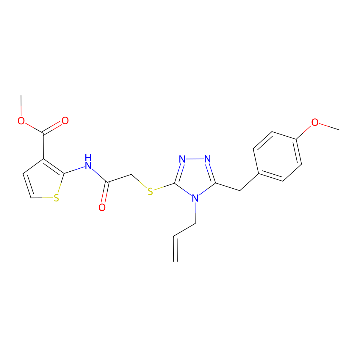 Methyl 2-(2-{5-[(4-methoxyphenyl)methyl]-4-prop-2-enyl-1,2,4-triazol-3-ylthio} acetylamino)thiophene-3-carboxylate molecular structure, CAS 590357-58-7