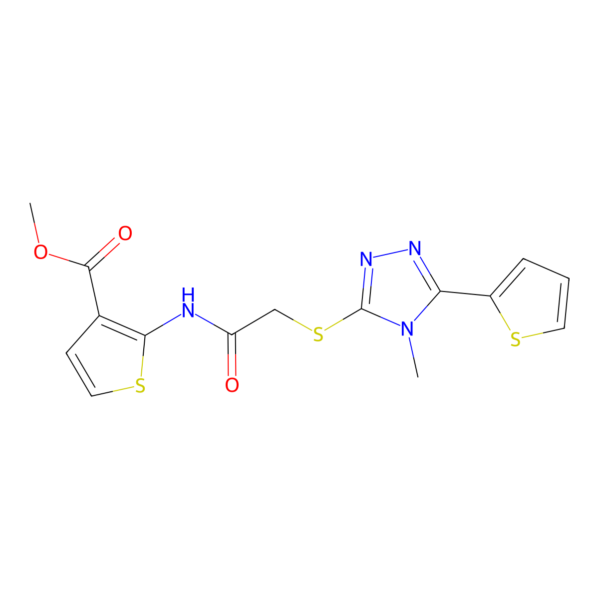 methyl 2-[({[4-methyl-5-(thiophen-2-yl)-4H-1,2,4-triazol-3-yl]sulfanyl}acetyl)amino]thiophene-3-carboxylate molecular structure, CAS 590357-84-9