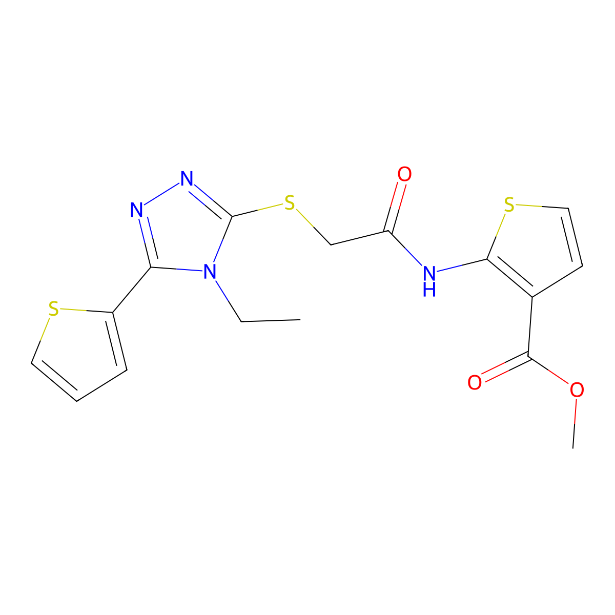 methyl 2-[({[4-ethyl-5-(thiophen-2-yl)-4H-1,2,4-triazol-3-yl]sulfanyl}acetyl)amino]thiophene-3-carboxylate molecular structure, CAS 590357-85-0