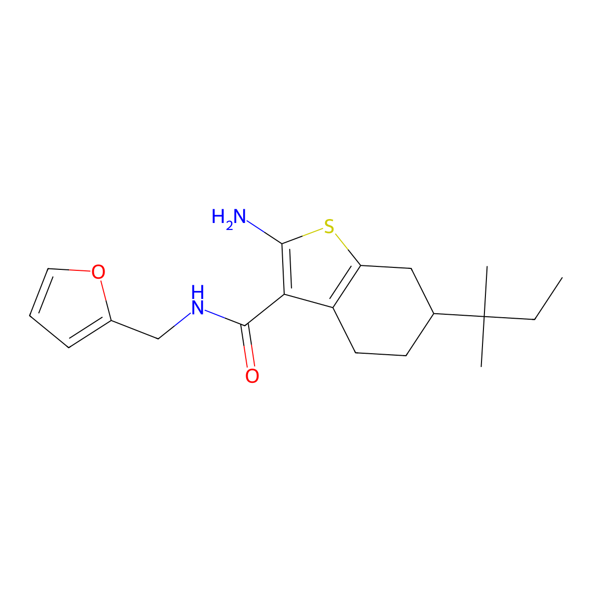 2-amino-6-(1,1-dimethylpropyl)-N-(2-furylmethyl)-4,5,6,7-tetrahydro-1-benzothiophene-3-carboxamide molecular structure, CAS 590358-26-2