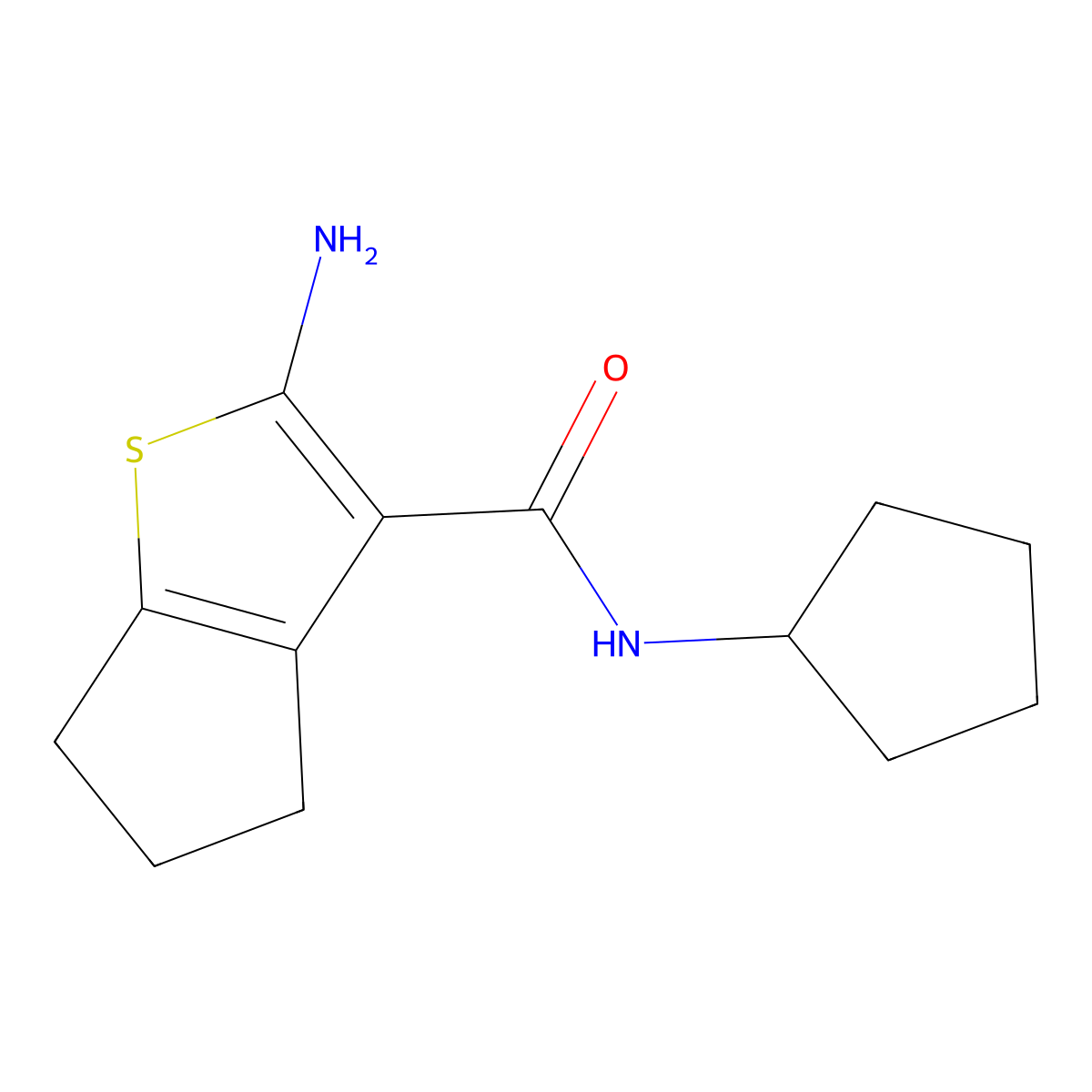 2-amino-N-cyclopentyl-5,6-dihydro-4H-cyclopenta[b]thiophene-3-carboxamide molecular structure, CAS 590358-28-4