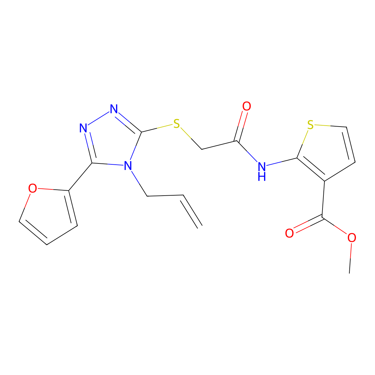 Methyl 2-[[2-[[5-(furan-2-yl)-4-prop-2-enyl-1,2,4-triazol-3-yl]sulfanyl]acetyl]amino]thiophene-3-carboxylate molecular structure, CAS 590358-32-0