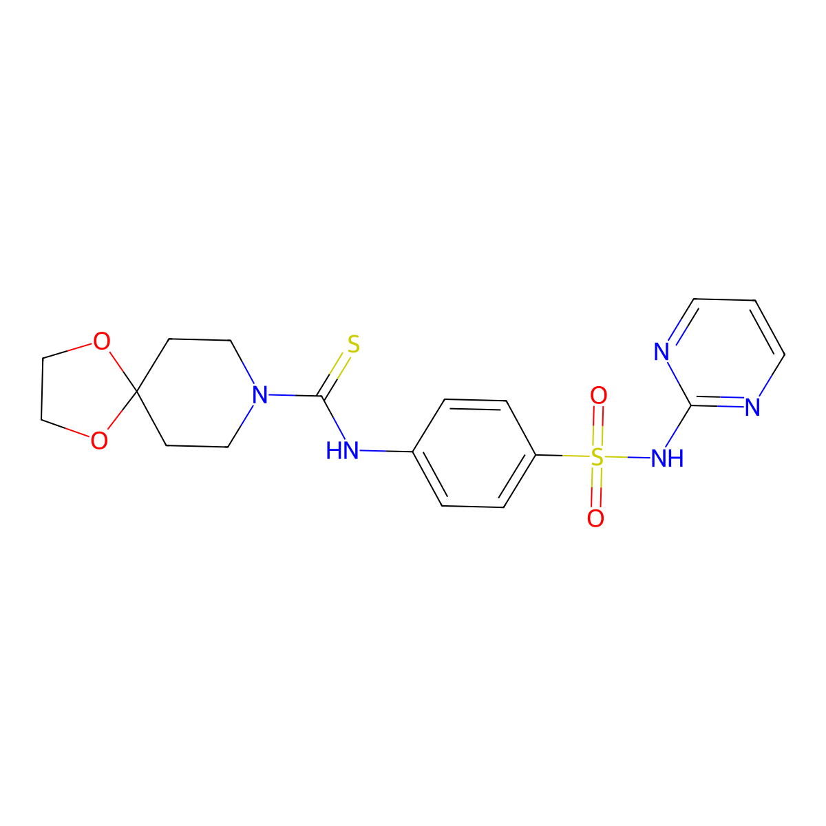 N-[4-(pyrimidin-2-ylsulfamoyl)phenyl]-1,4-dioxa-8-azaspiro[4.5]decane-8-carbothioamide molecular structure, CAS 590358-40-0