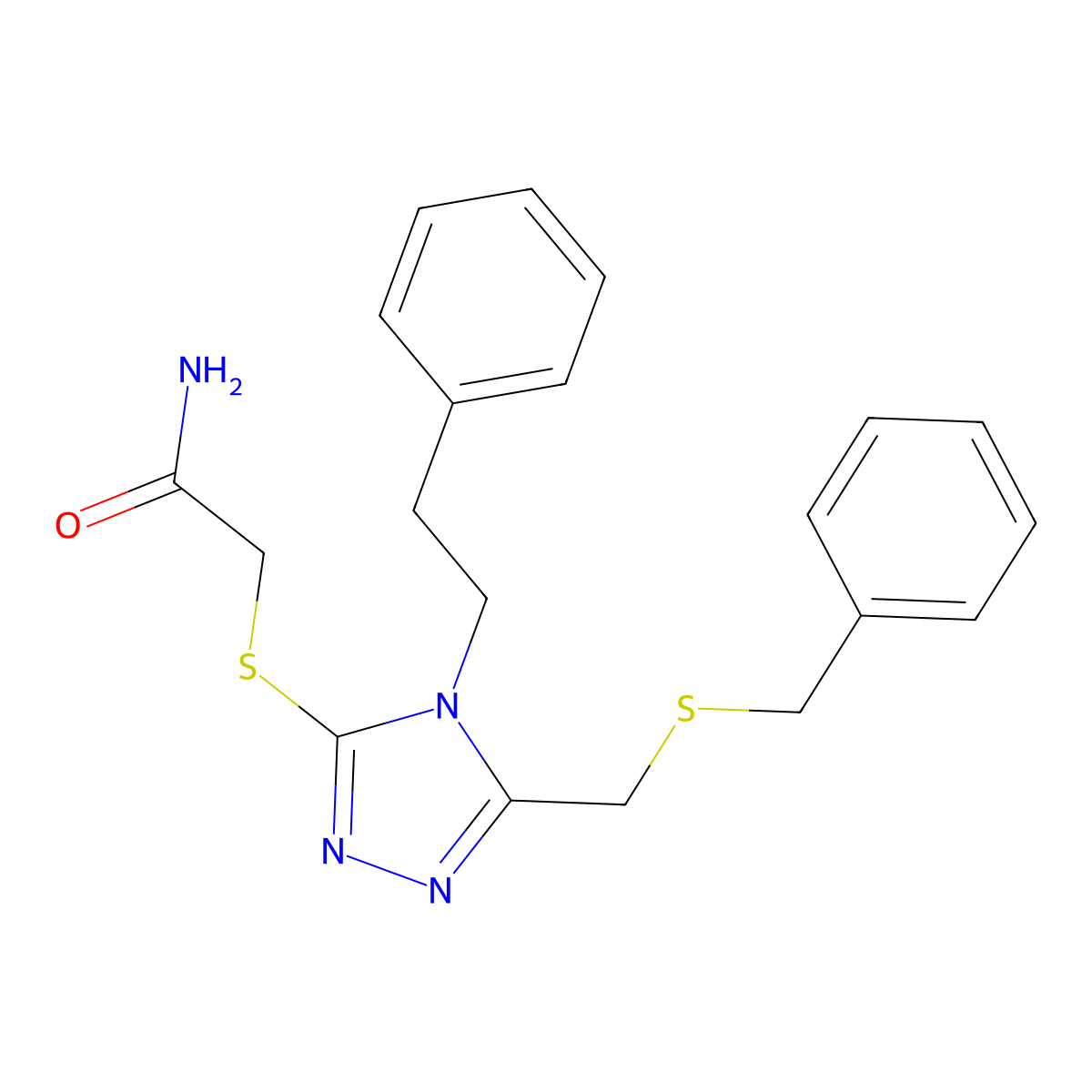 2-({5-[(benzylsulfanyl)methyl]-4-(2-phenylethyl)-4H-1,2,4-triazol-3-yl}sulfanyl)acetamide molecular structure, CAS 590359-59-4