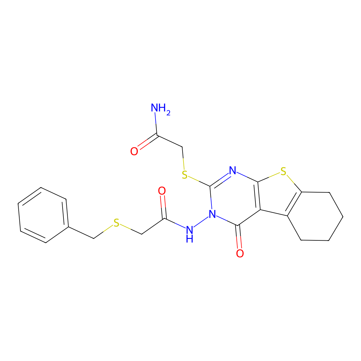 2-[[3-[(2-Benzylsulfanylacetyl)amino]-4-oxo-5,6,7,8-tetrahydro-[1]benzothiolo[2,3-d]pyrimidin-2-yl]sulfanyl]acetamide molecular structure, CAS 590359-61-8