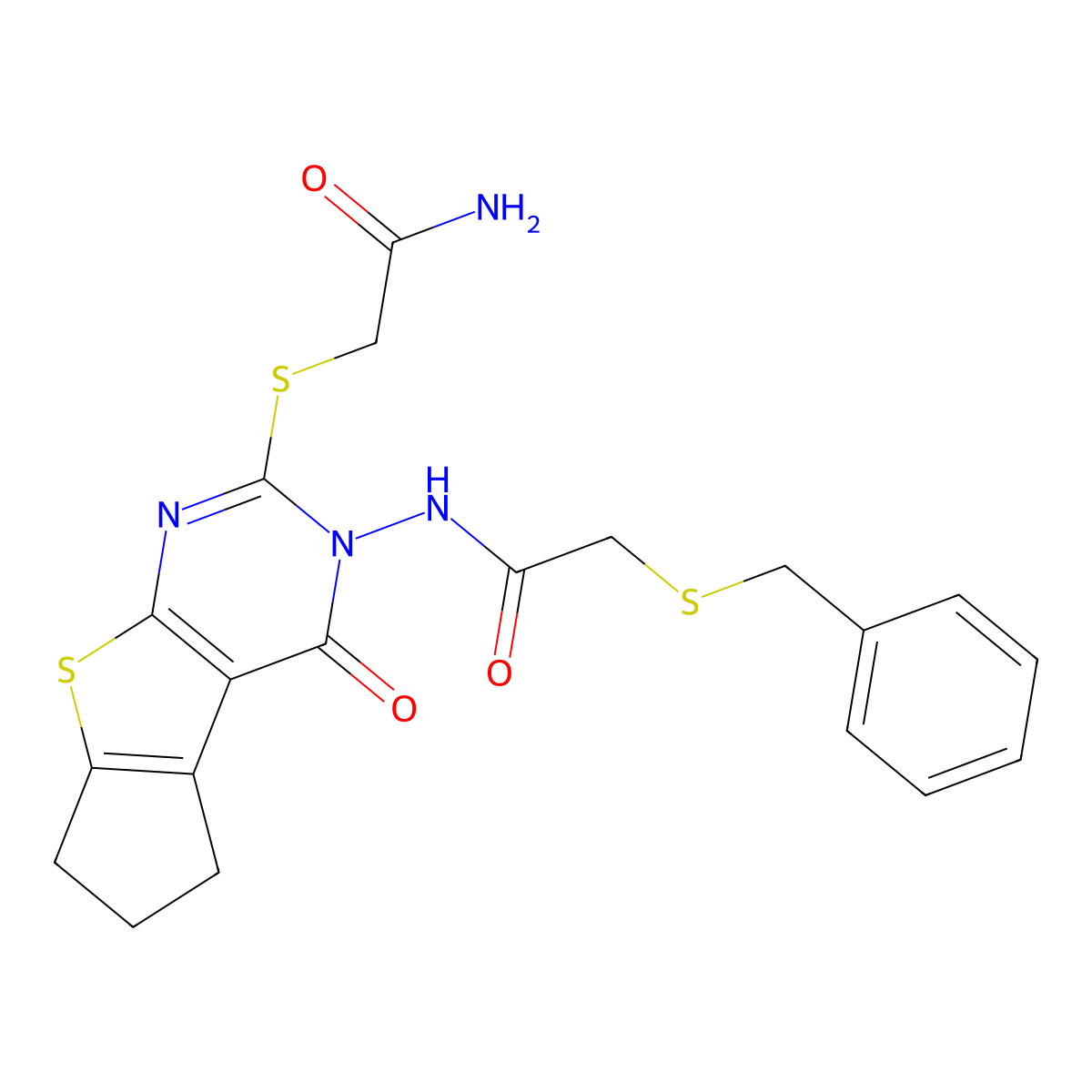 N-[2-(carbamoylmethylthio)-4-oxo(3,5,6,7-tetrahydrocyclopenta[2,1-d]pyrimidino [4,5-b]thiophen-3-yl)]-2-(phenylmethylthio)acetamide molecular structure, CAS 590359-62-9