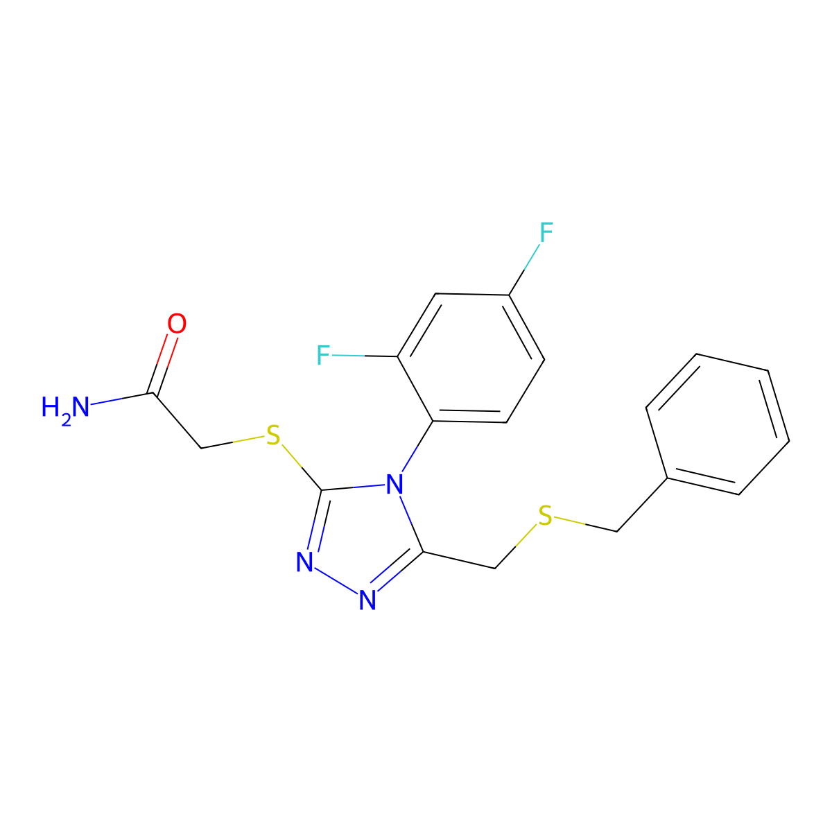 2-[[5-(Benzylsulfanylmethyl)-4-(2,4-difluorophenyl)-1,2,4-triazol-3-yl]sulfanyl]acetamide molecular structure, CAS 590359-73-2