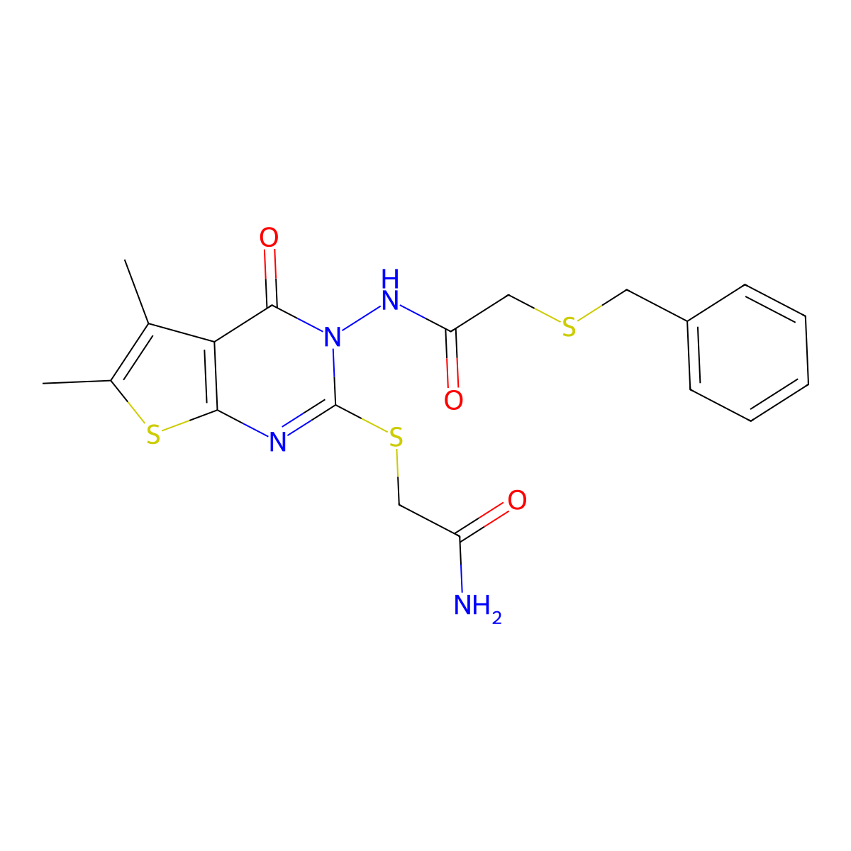 2-[3-[(2-Benzylsulfanylacetyl)amino]-5,6-dimethyl-4-oxothieno[2,3-d]pyrimidin-2-yl]sulfanylacetamide molecular structure, CAS 590359-74-3
