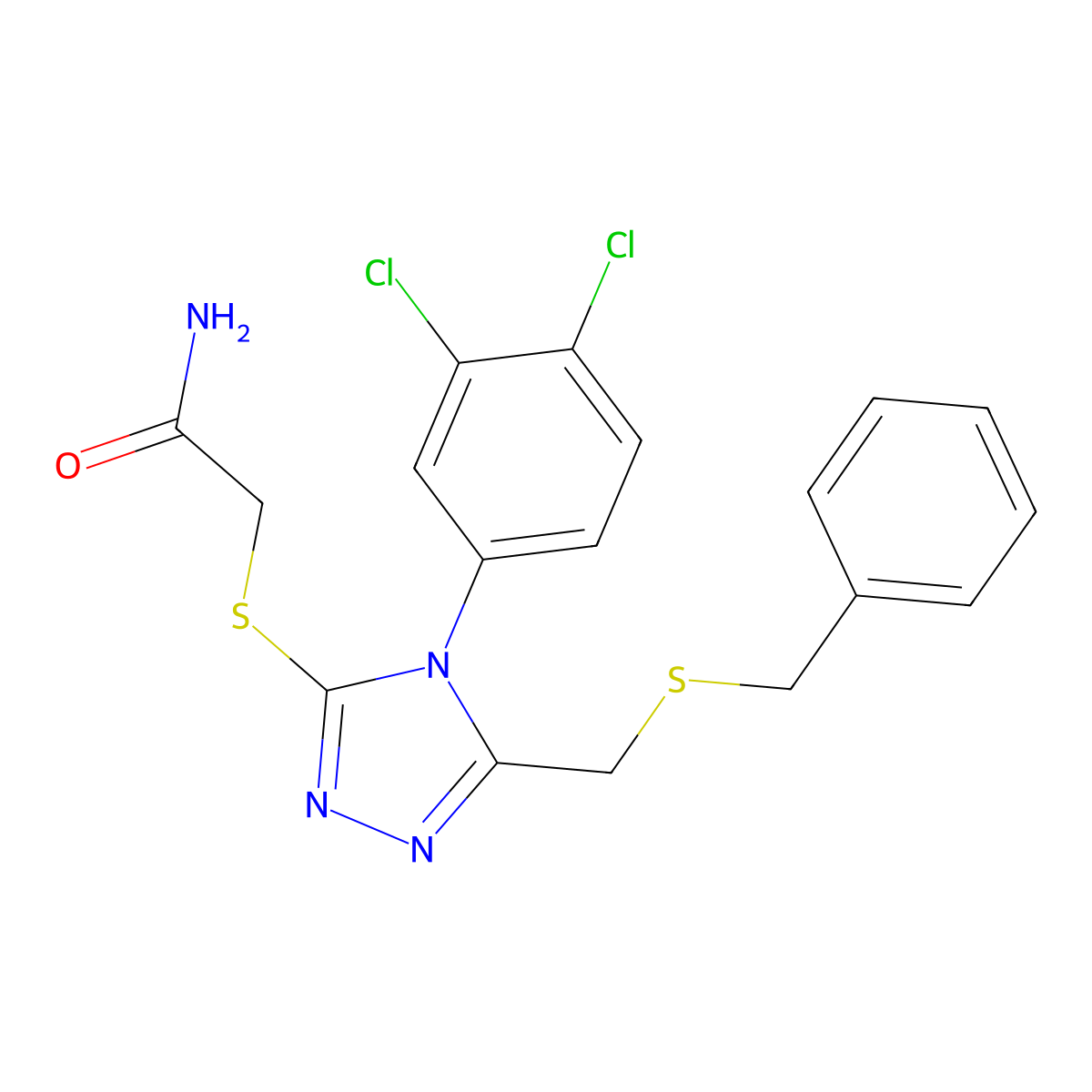 2-[[5-(Benzylsulfanylmethyl)-4-(3,4-dichlorophenyl)-1,2,4-triazol-3-yl]sulfanyl]acetamide molecular structure, CAS 590359-78-7