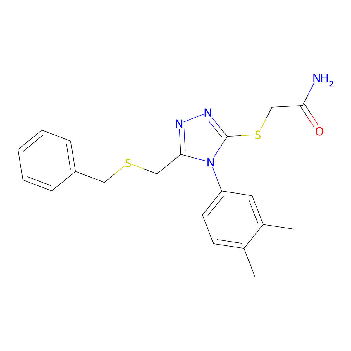 2-[[5-(Benzylsulfanylmethyl)-4-(3,4-dimethylphenyl)-1,2,4-triazol-3-yl]sulfanyl]acetamide molecular structure, CAS 590359-82-3
