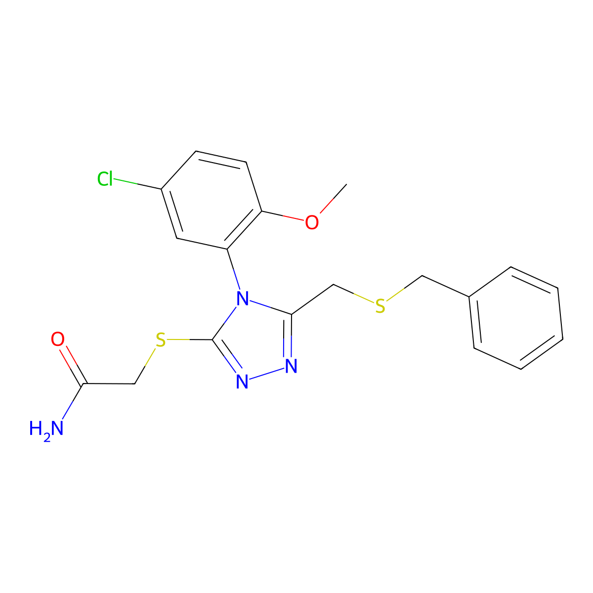 2-[[5-(Benzylsulfanylmethyl)-4-(5-chloro-2-methoxyphenyl)-1,2,4-triazol-3-yl]sulfanyl]acetamide molecular structure, CAS 590359-94-7