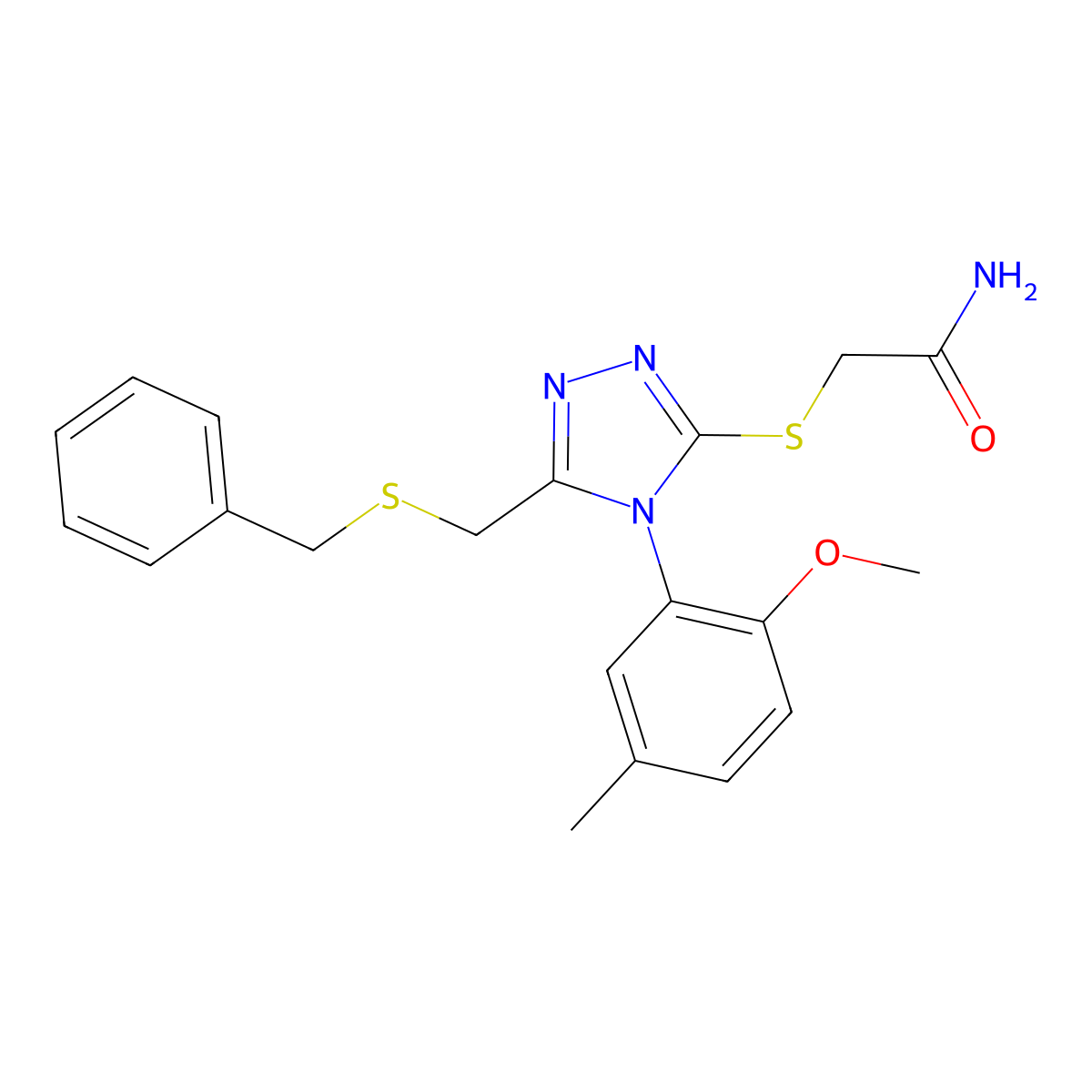 2-[[5-(Benzylsulfanylmethyl)-4-(2-methoxy-5-methylphenyl)-1,2,4-triazol-3-yl]sulfanyl]acetamide molecular structure, CAS 590359-97-0