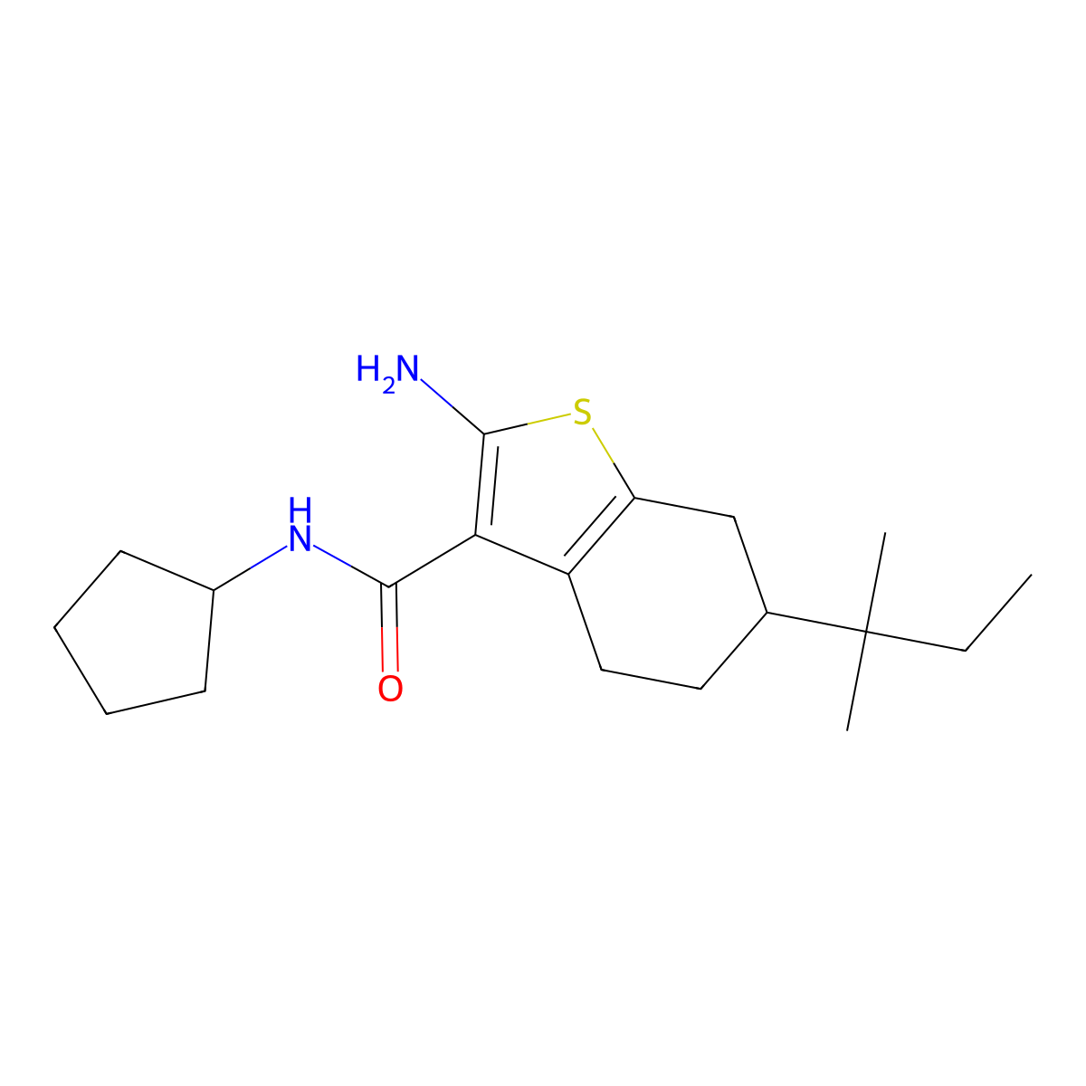 2-Amino-N-cyclopentyl-6-tert-pentyl-4,5,6,7-tetrahydrobenzo[b]thiophene-3-carboxamide molecular structure, CAS 590360-07-9