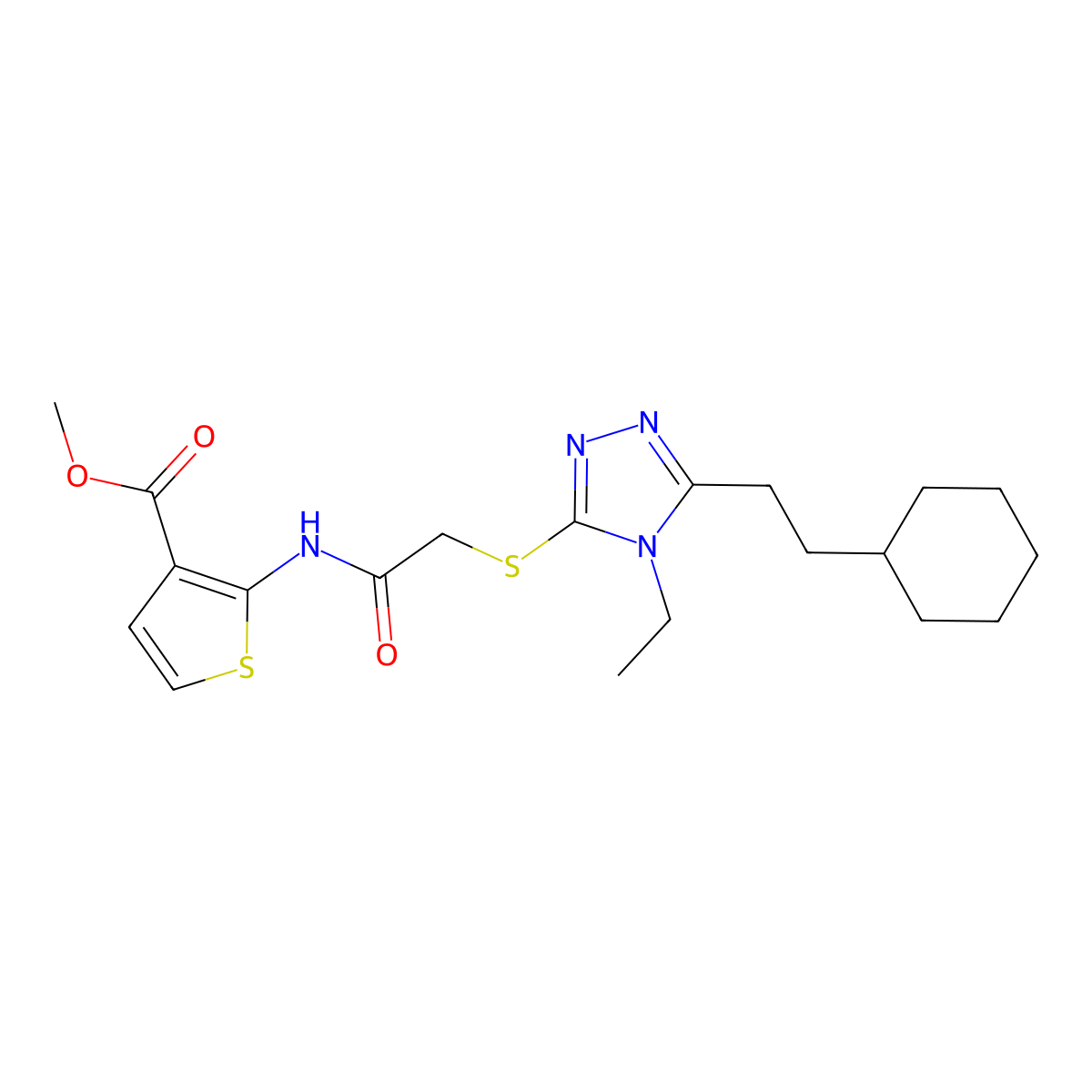methyl 2-[({[5-(2-cyclohexylethyl)-4-ethyl-4H-1,2,4-triazol-3-yl]sulfanyl}acetyl)amino]thiophene-3-carboxylate molecular structure, CAS 590360-11-5
