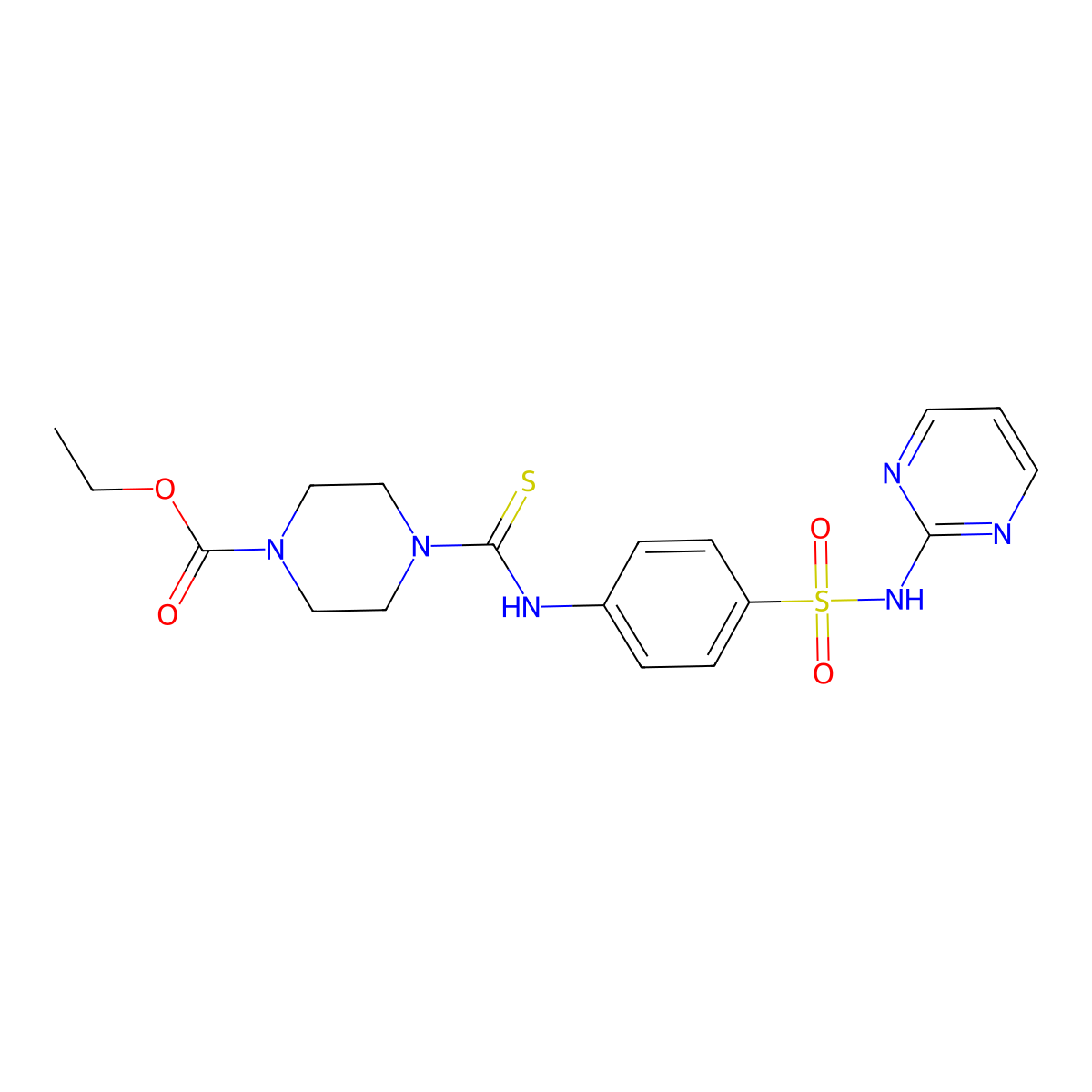 Ethyl 4-{[4-(pyrimidin-2-ylsulfamoyl)phenyl]carbamothioyl}piperazine-1-carboxylate molecular structure, CAS 590360-41-1