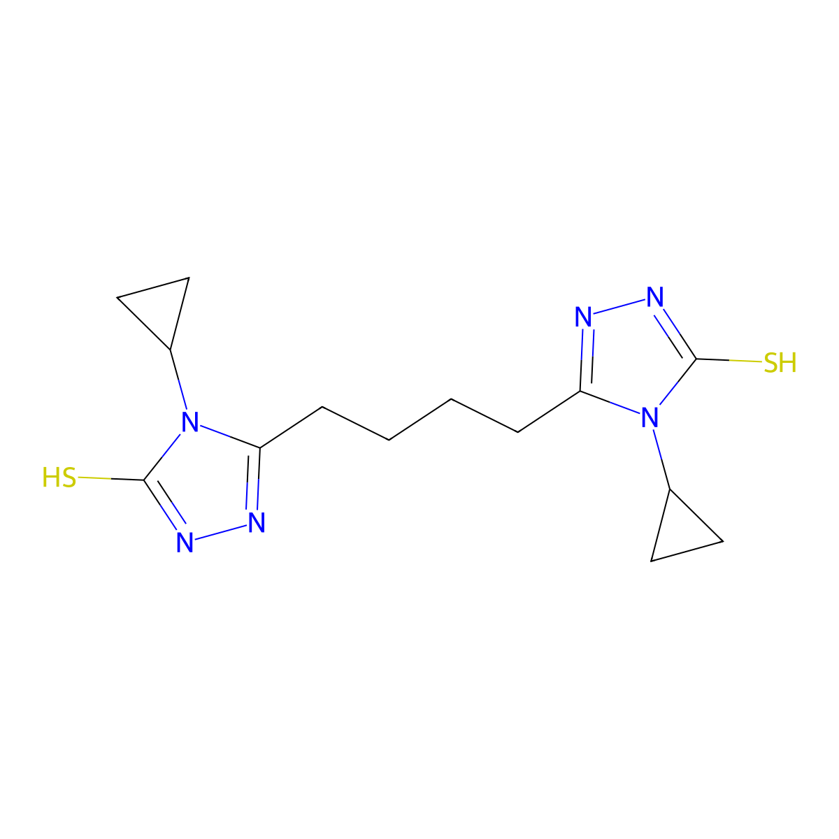 4-cyclopropyl-3-[4-(4-cyclopropyl-5-sulfanylidene-1H-1,2,4-triazol-3-yl)butyl]-1H-1,2,4-triazole-5-thione molecular structure, CAS 590376-29-7