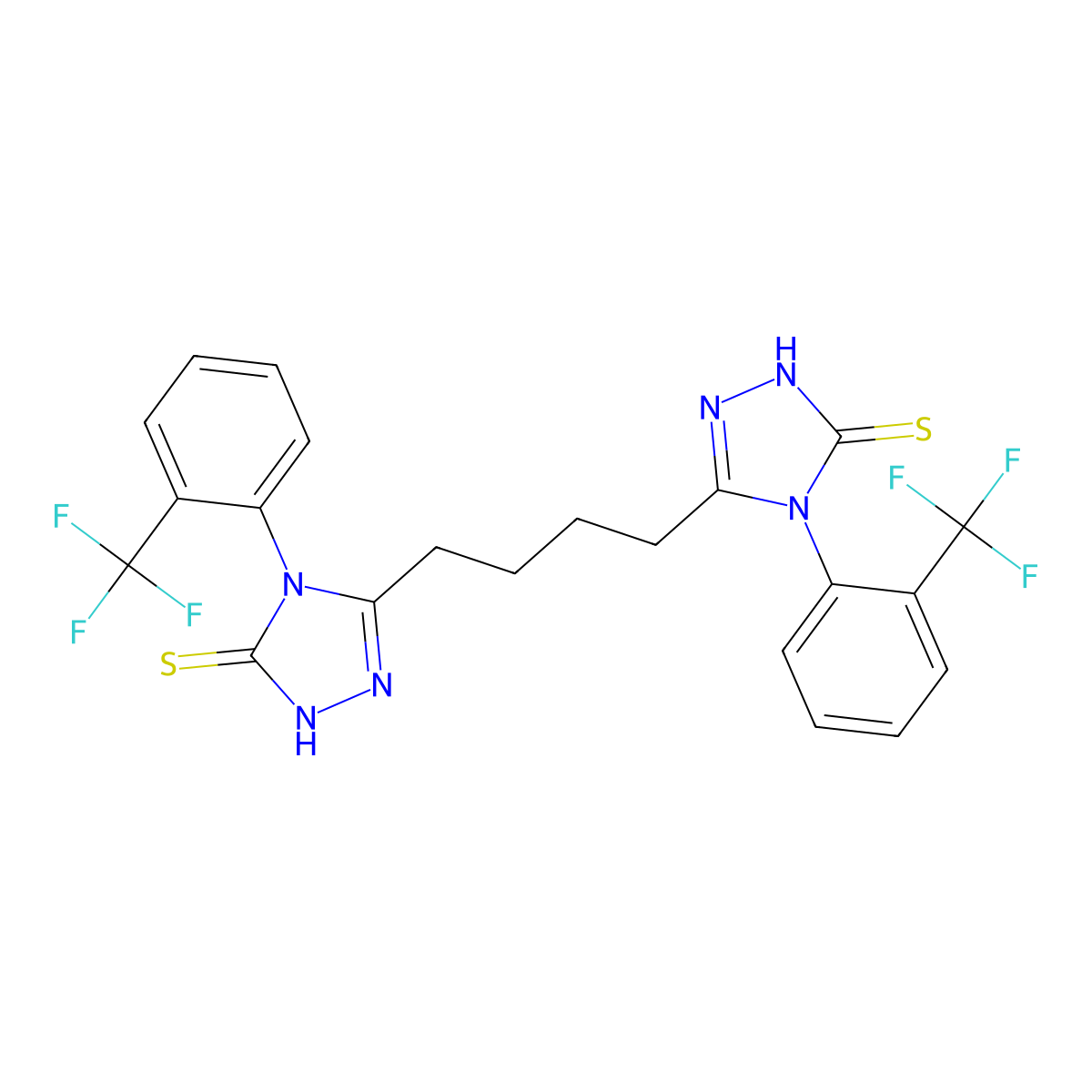 3-[4-[5-sulfanylidene-4-[2-(trifluoromethyl)phenyl]-1H-1,2,4-triazol-3-yl]butyl]-4-[2-(trifluoromethyl)phenyl]-1H-1,2,4-triazole-5-thione molecular structure, CAS 590376-31-1