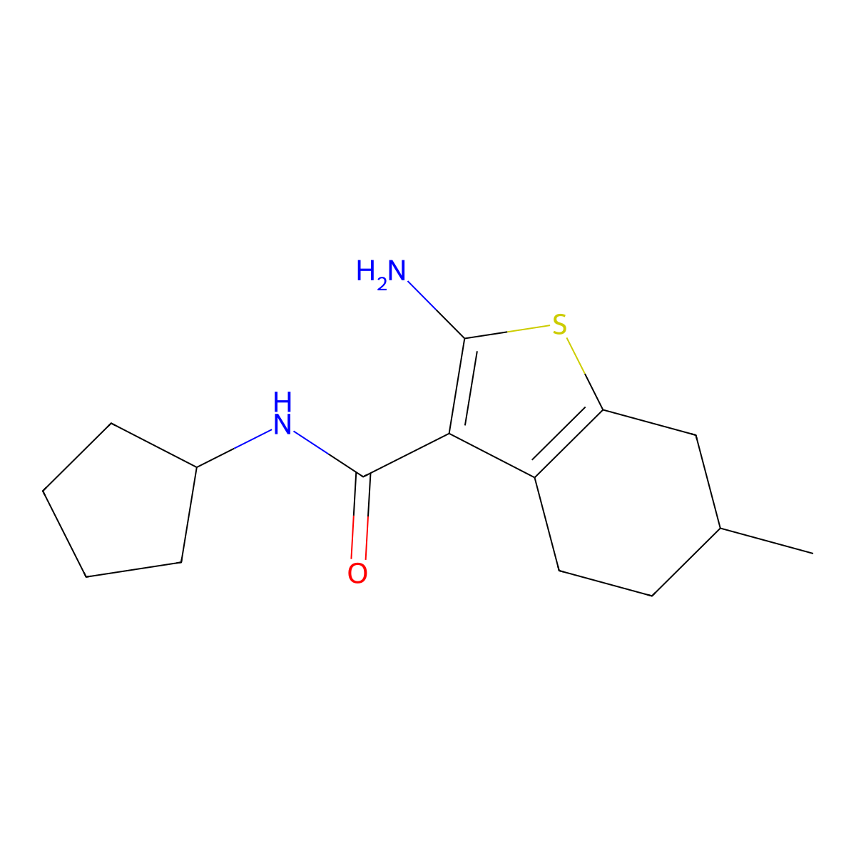 2-amino-N-cyclopentyl-6-methyl-4,5,6,7-tetrahydro-1-benzothiophene-3-carboxamide molecular structure, CAS 590376-42-4
