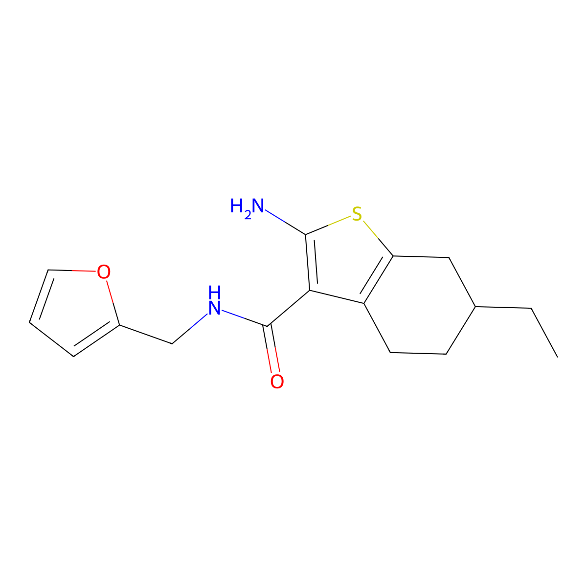 2-amino-6-ethyl-N-(2-furylmethyl)-4,5,6,7-tetrahydro-1-benzothiophene-3-carboxamide molecular structure, CAS 590376-43-5