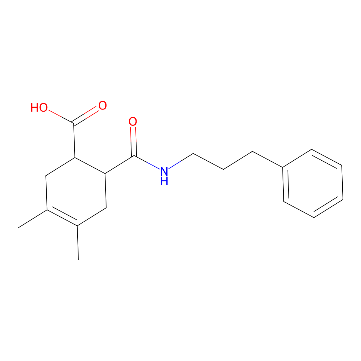 3,4-Dimethyl-6-[(3-phenylpropyl)carbamoyl]cyclohex-3-ene-1-carboxylic acid molecular structure, CAS 590376-92-4