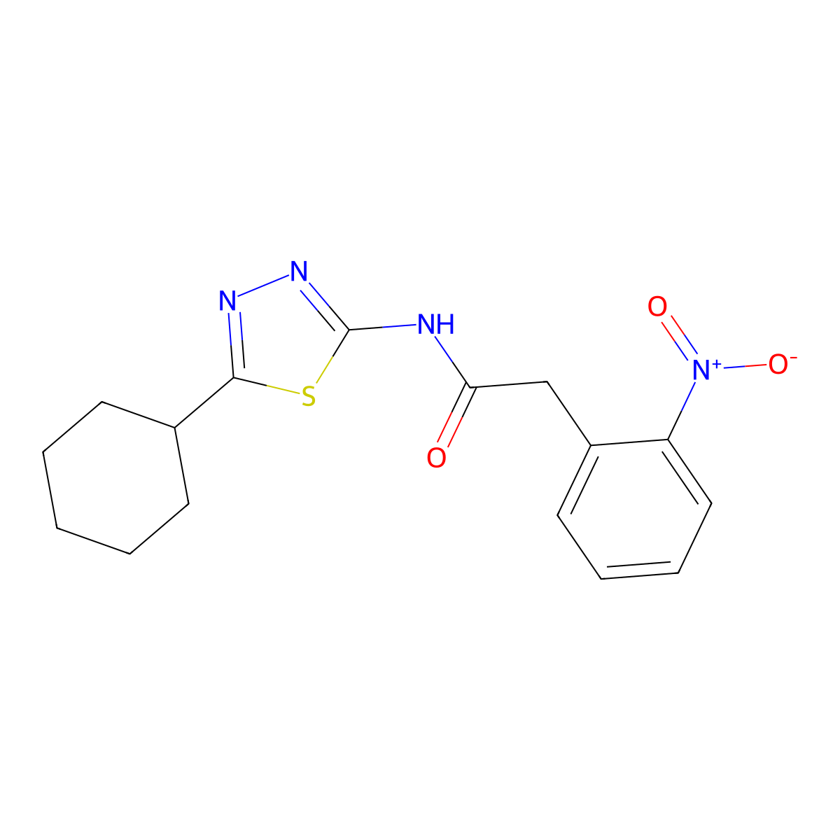 N-(5-cyclohexyl-1,3,4-thiadiazol-2-yl)-2-(2-nitrophenyl)acetamide molecular structure, CAS 590377-38-1