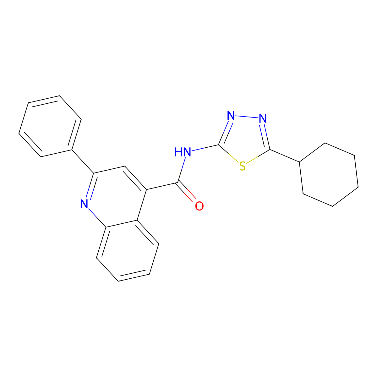 N-(5-cyclohexyl-1,3,4-thiadiazol-2-yl)-2-phenylquinoline-4-carboxamide molecular structure, CAS 590377-45-0