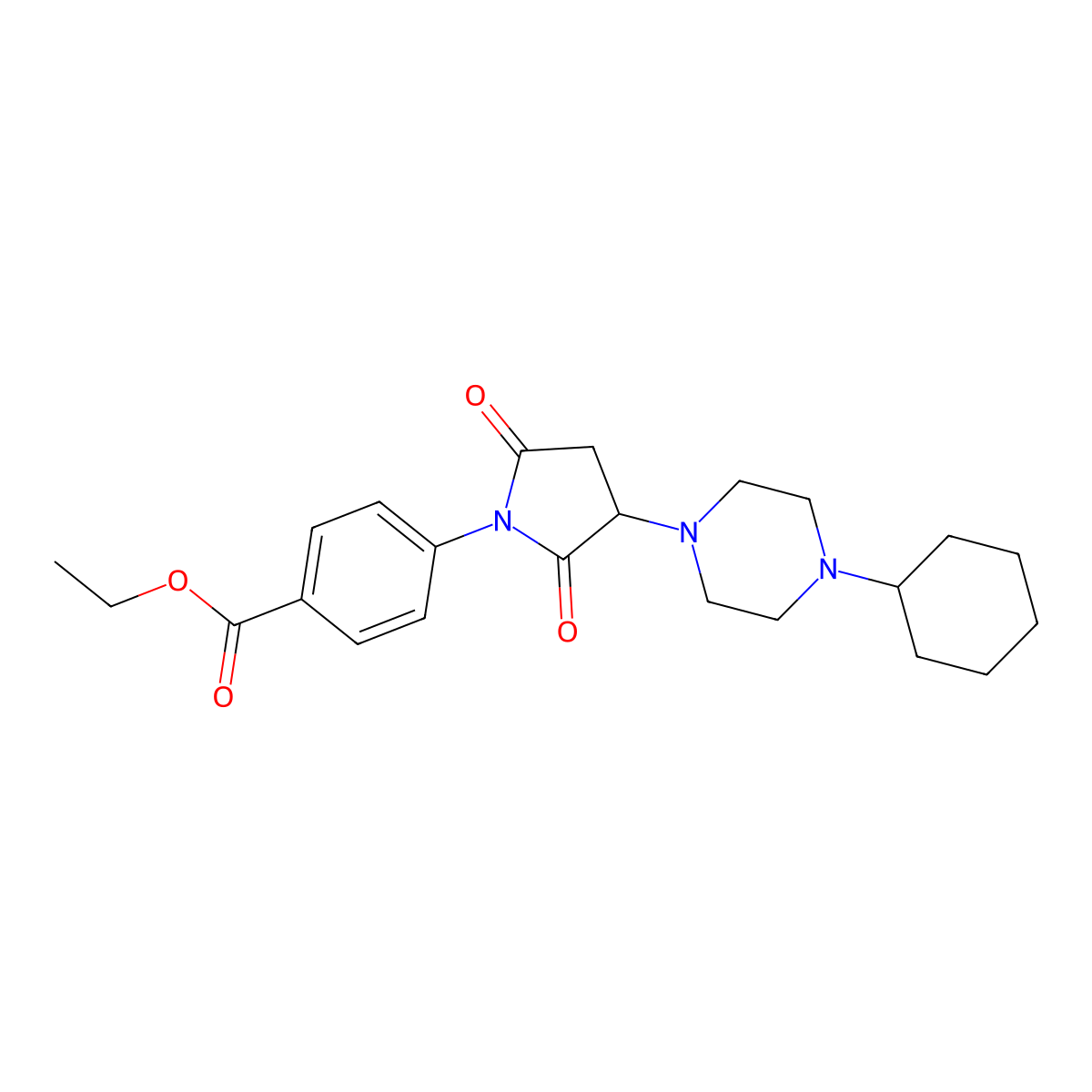 Ethyl 4-[3-(4-cyclohexylpiperazin-1-yl)-2,5-dioxopyrrolidin-1-yl]benzoate molecular structure, CAS 590378-68-0