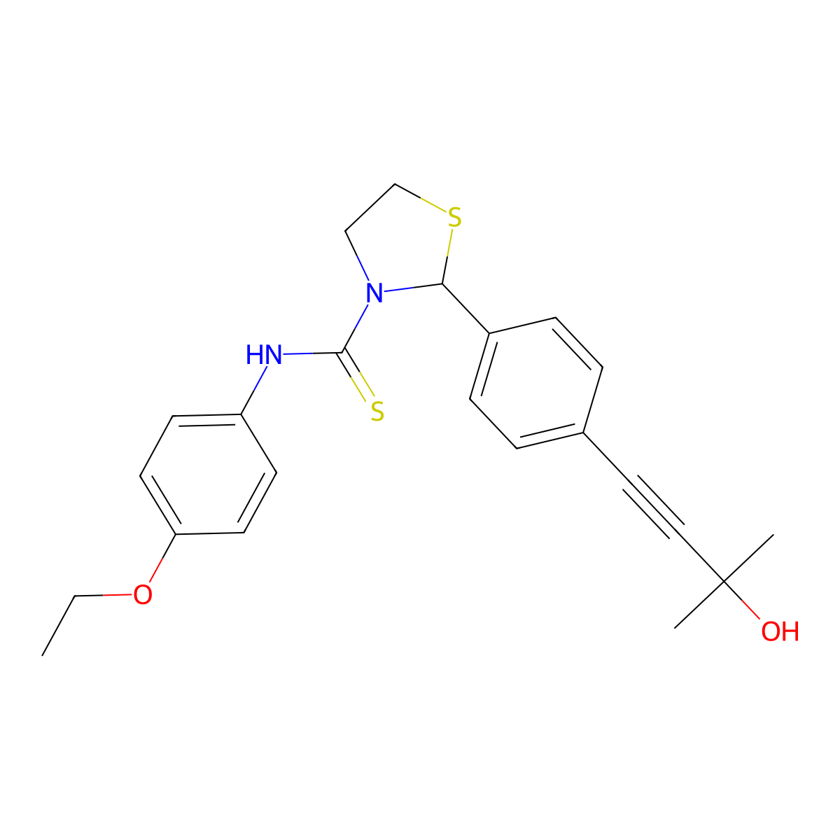 N-(4-ethoxyphenyl)-2-[4-(3-hydroxy-3-methylbut-1-yn-1-yl)phenyl]-1,3-thiazolidine-3-carbothioamide molecular structure, CAS 590379-00-3