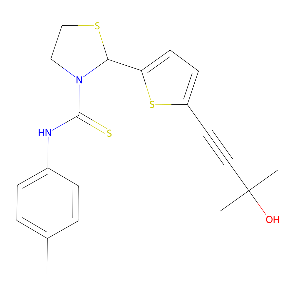 2-[5-(3-hydroxy-3-methylbut-1-yn-1-yl)thiophen-2-yl]-N-(4-methylphenyl)-1,3-thiazolidine-3-carbothioamide molecular structure, CAS 590380-11-3