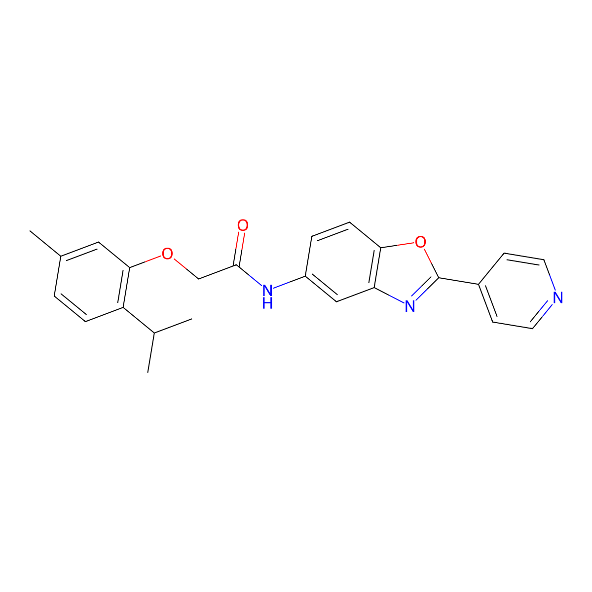 2-[5-methyl-2-(propan-2-yl)phenoxy]-N-[2-(pyridin-4-yl)-1,3-benzoxazol-5-yl]acetamide molecular structure, CAS 590394-01-7