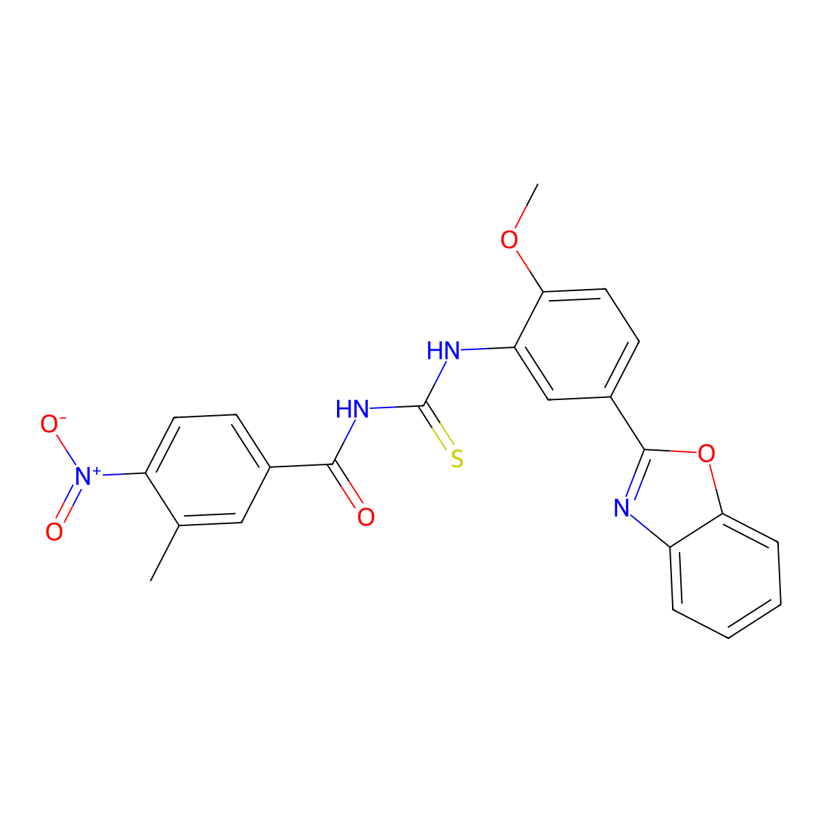 N-{[5-(1,3-benzoxazol-2-yl)-2-methoxyphenyl]carbamothioyl}-3-methyl-4-nitrobenzamide molecular structure, CAS 590394-71-1