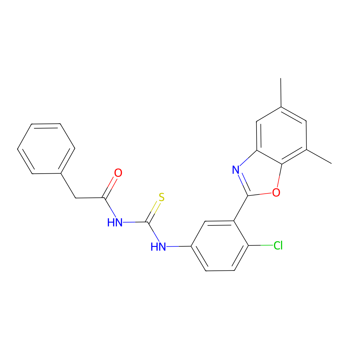 N-{[4-chloro-3-(5,7-dimethyl-1,3-benzoxazol-2-yl)phenyl]carbamothioyl}-2-phenylacetamide molecular structure, CAS 590395-14-5