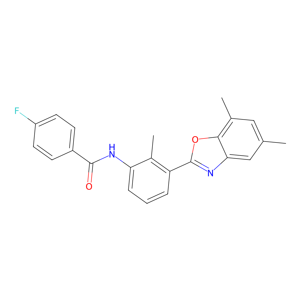 N-[3-(5,7-dimethyl-1,3-benzoxazol-2-yl)-2-methylphenyl]-4-fluorobenzamide molecular structure, CAS 590395-95-2