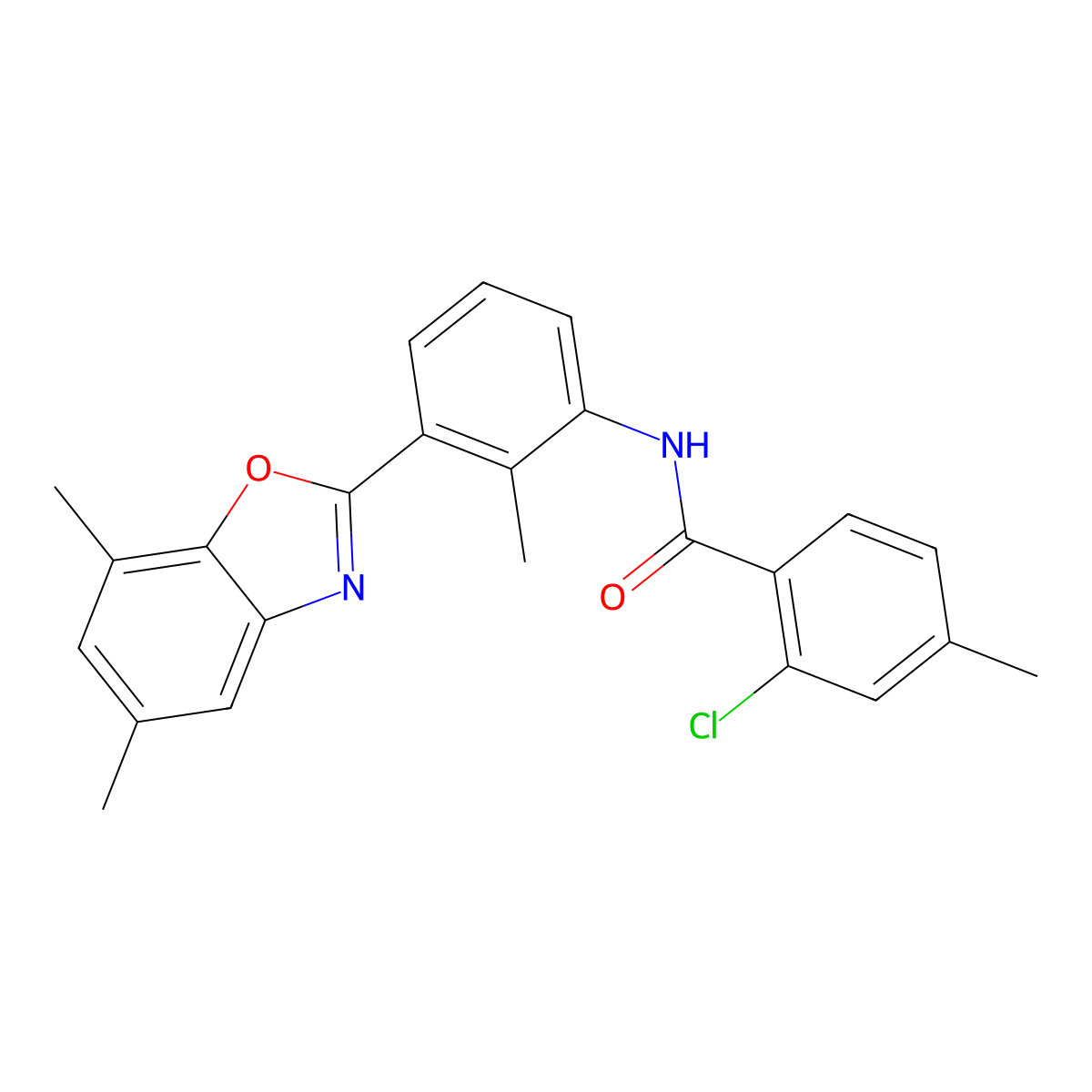 2-chloro-N-[3-(5,7-dimethyl-1,3-benzoxazol-2-yl)-2-methylphenyl]-4-methylbenzamide molecular structure, CAS 590395-96-3