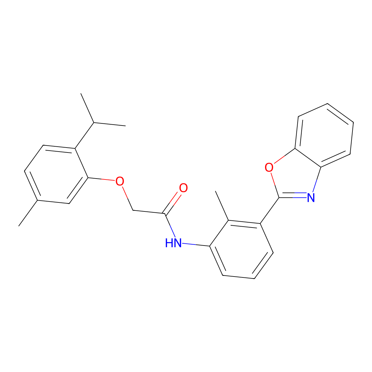 N-[3-(1,3-benzoxazol-2-yl)-2-methylphenyl]-2-[5-methyl-2-(propan-2-yl)phenoxy]acetamide molecular structure, CAS 590395-98-5