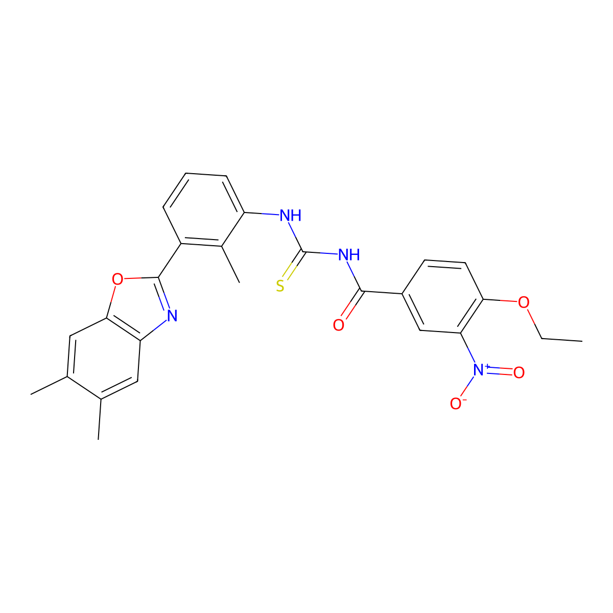 N-{[3-(5,6-dimethyl-1,3-benzoxazol-2-yl)-2-methylphenyl]carbamothioyl}-4-ethoxy-3-nitrobenzamide molecular structure, CAS 590397-27-6