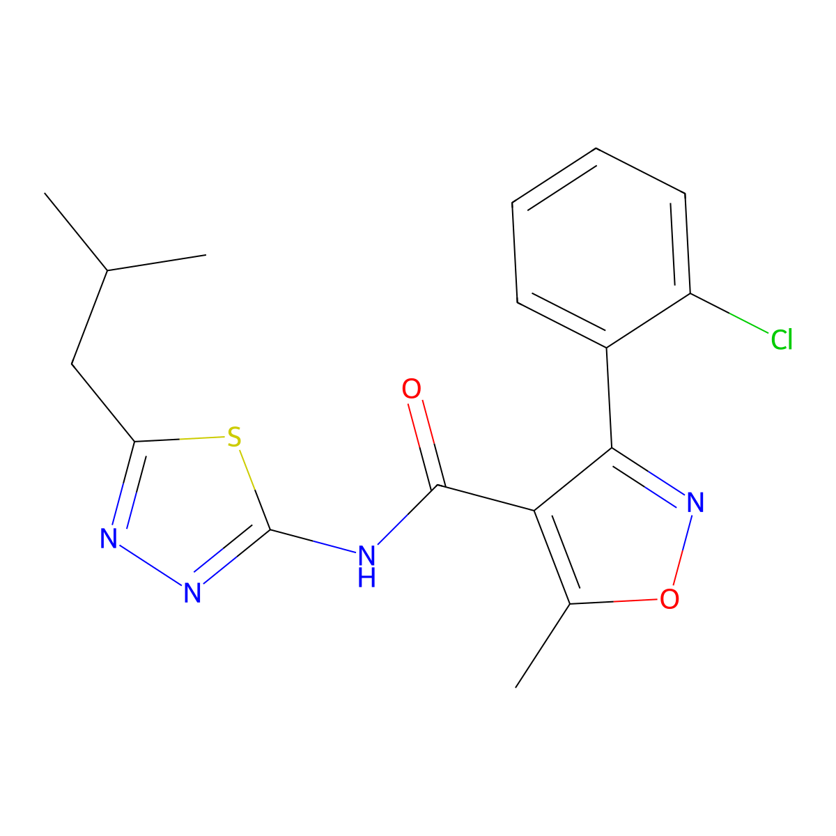 3-(2-chlorophenyl)-5-methyl-N-[5-(2-methylpropyl)-1,3,4-thiadiazol-2-yl]-1,2-oxazole-4-carboxamide molecular structure, CAS 590398-68-8