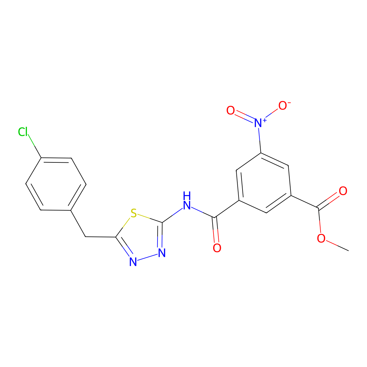 Methyl 3-((5-(4-chlorobenzyl)-1,3,4-thiadiazol-2-yl)carbamoyl)-5-nitrobenzoate molecular structure, CAS 590398-97-3