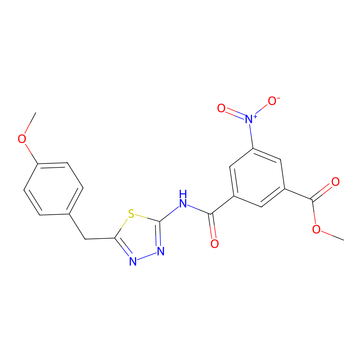 Methyl 3-((5-(4-methoxybenzyl)-1,3,4-thiadiazol-2-yl)carbamoyl)-5-nitrobenzoate molecular structure, CAS 590399-00-1