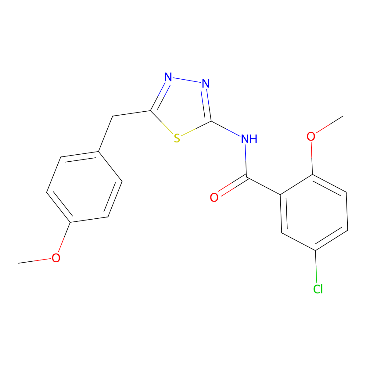 5-chloro-2-methoxy-N-[5-[(4-methoxyphenyl)methyl]-1,3,4-thiadiazol-2-yl]benzamide molecular structure, CAS 590399-27-2