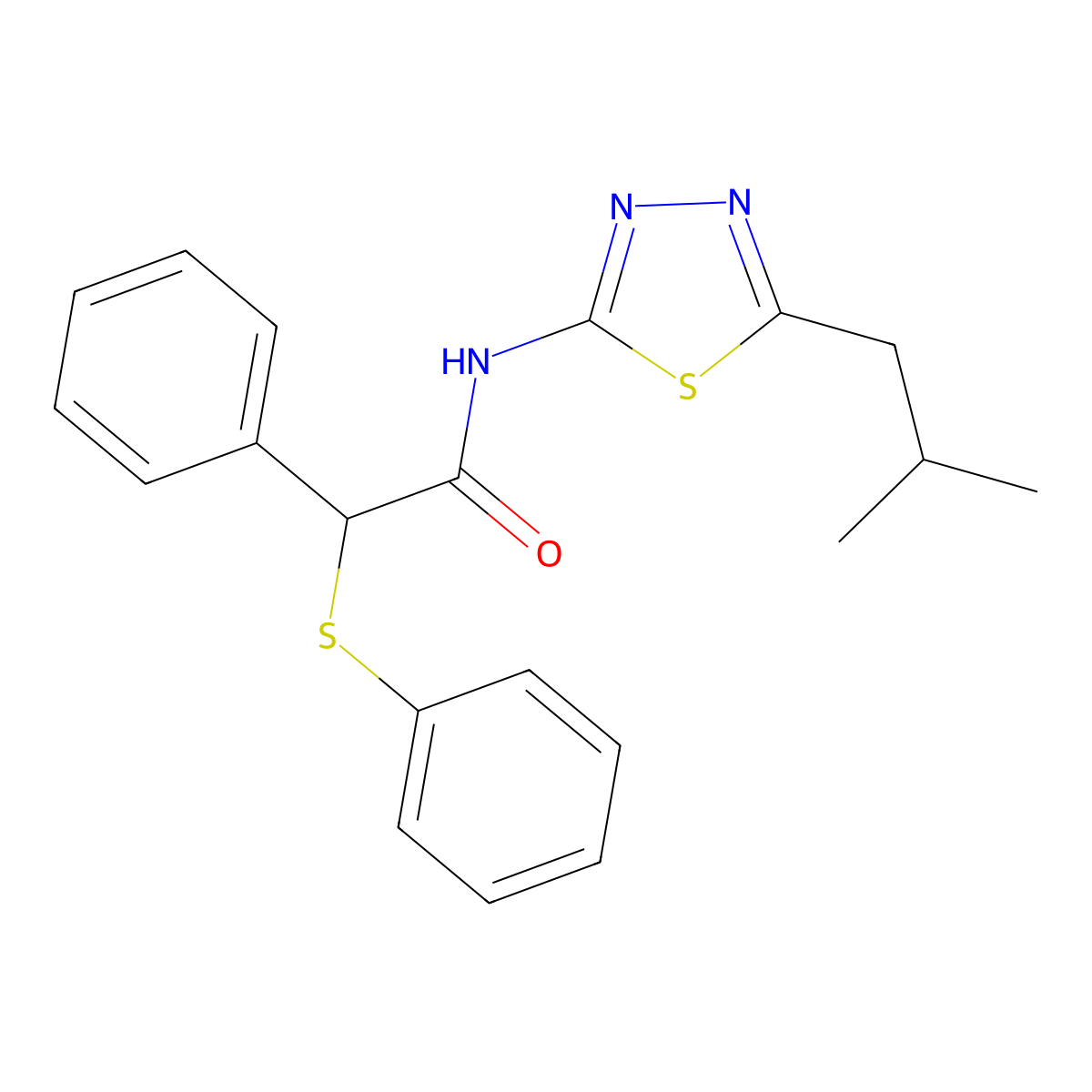 N-[5-(2-methylpropyl)-1,3,4-thiadiazol-2-yl]-2-phenyl-2-phenylsulfanylacetamide molecular structure, CAS 590399-28-3