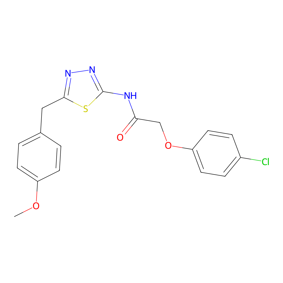 2-(4-chlorophenoxy)-N-[5-(4-methoxybenzyl)-1,3,4-thiadiazol-2-yl]acetamide molecular structure, CAS 590399-39-6