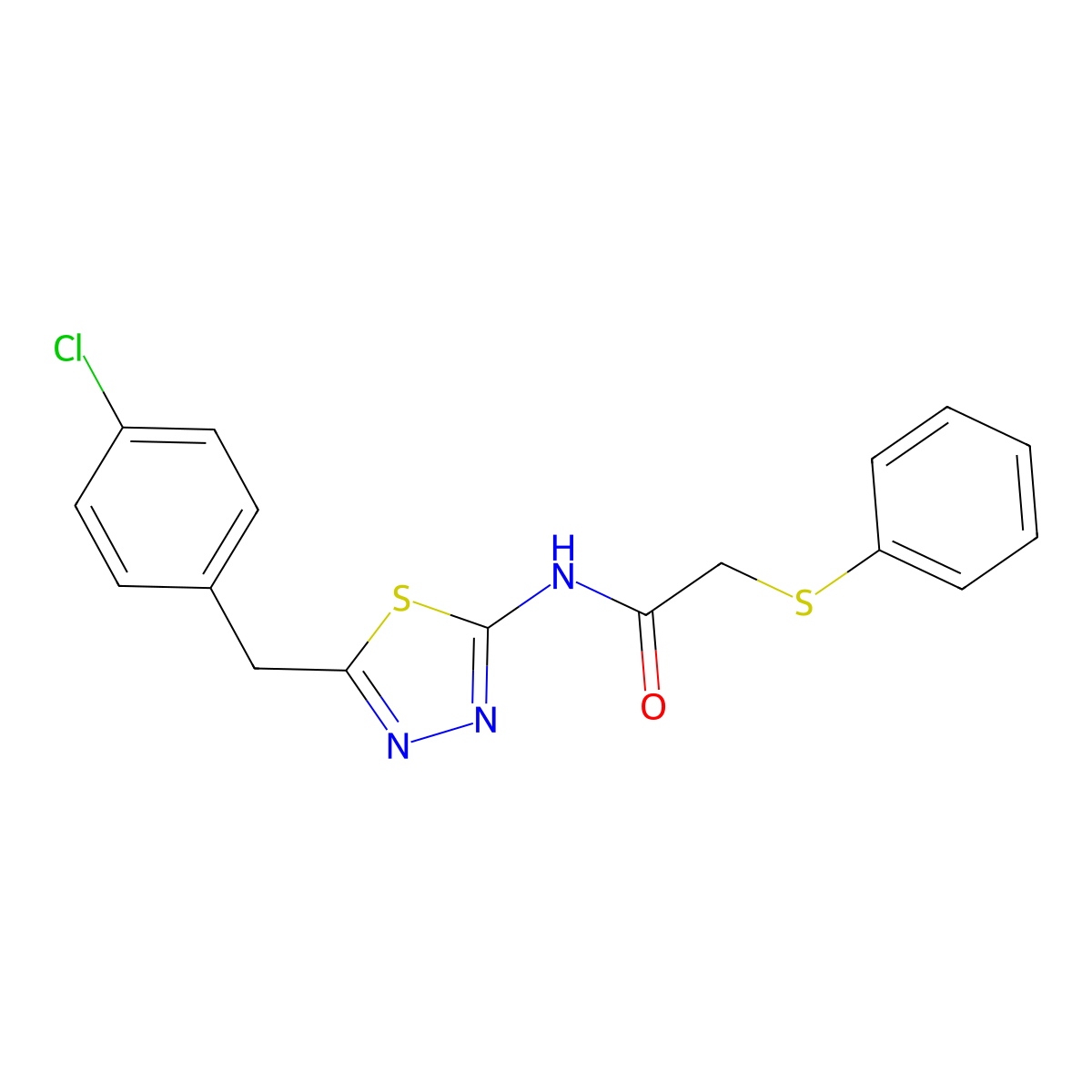 N-[5-[(4-chlorophenyl)methyl]-1,3,4-thiadiazol-2-yl]-2-phenylsulfanylacetamide molecular structure, CAS 590399-46-5
