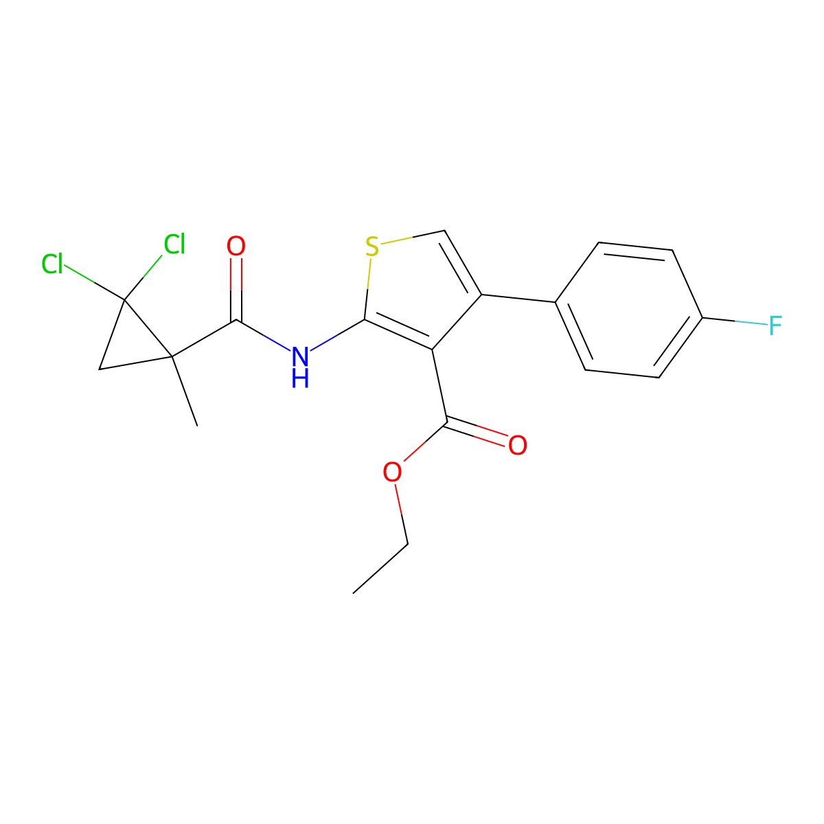 Ethyl 2-[(2,2-dichloro-1-methylcyclopropanecarbonyl)amino]-4-(4-fluorophenyl)thiophene-3-carboxylate molecular structure, CAS 590399-86-3