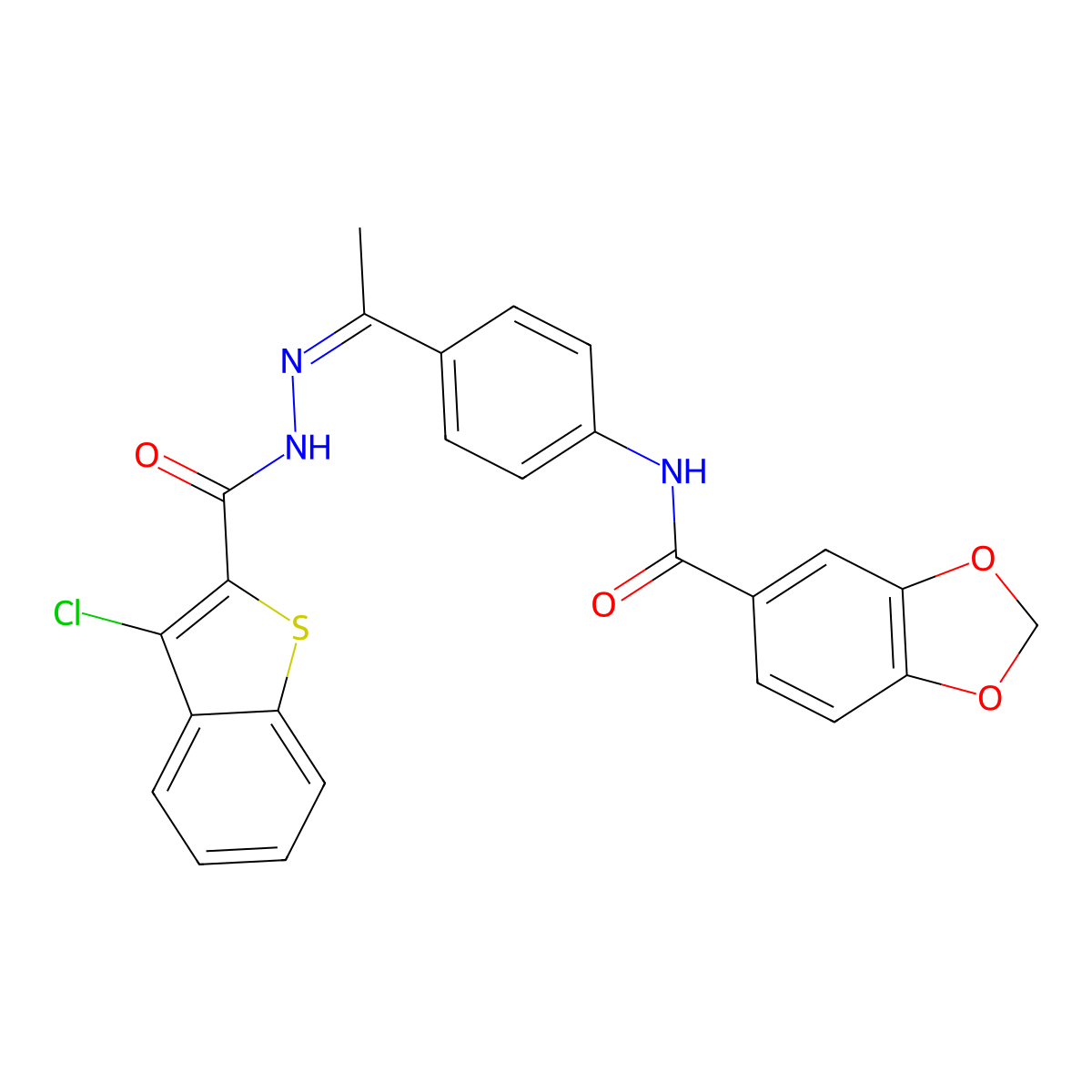 N-[4-[N-[(3-chloro-1-benzothiophene-2-carbonyl)amino]-C-methylcarbonimidoyl]phenyl]-1,3-benzodioxole-5-carboxamide molecular structure, CAS 590399-87-4