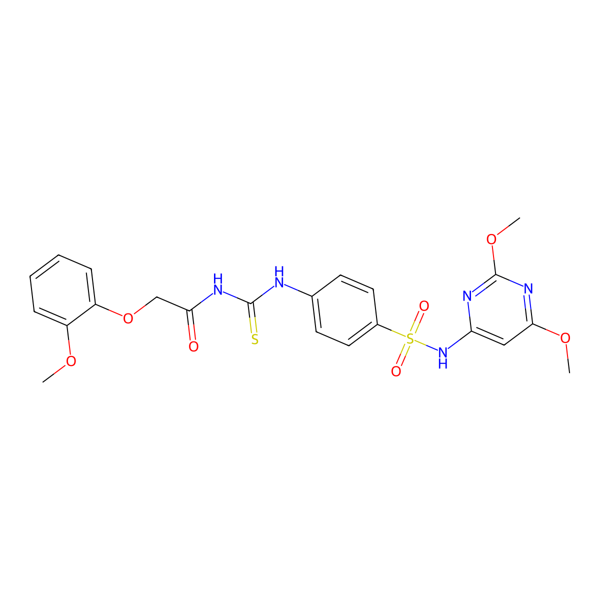 N-{[(4-{[(2,6-dimethoxy-4-pyrimidinyl)amino]sulfonyl}phenyl)amino]carbonothioyl}-2-(2-methoxyphenoxy)acetamide molecular structure, CAS 590400-18-3