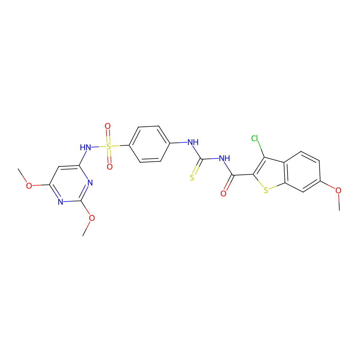 3-chloro-N-({4-[(2,6-dimethoxypyrimidin-4-yl)sulfamoyl]phenyl}carbamothioyl)-6-methoxy-1-benzothiophene-2-carboxamide molecular structure, CAS 590400-22-9